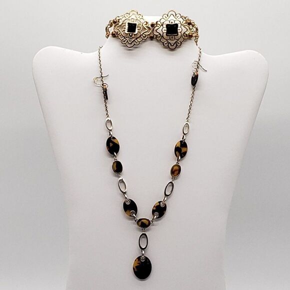 Vintage Costume Tigers Eye Tear Drop Necklace Earring Set & Black Gold Bracelet - Picture 12 of 13